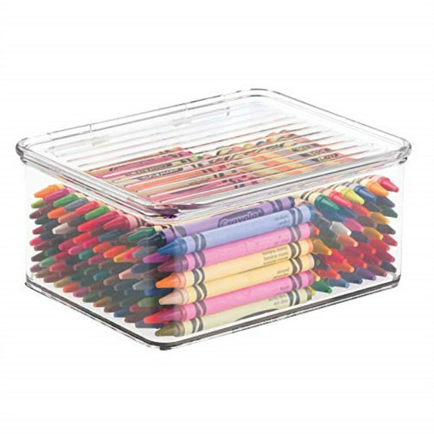Clear Includes 32 Labels Markers Craft or School Supplies mDesign Plastic Stackable Storage Organizer Toy Bin Box with Lid for Action Figures Puzzles Crayons Building Blocks